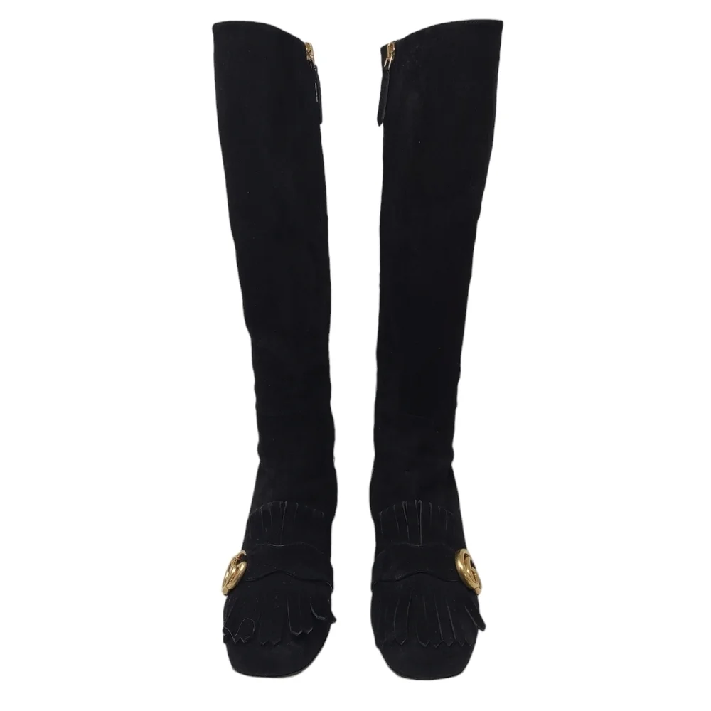 Gucci Size Marmont GG Fringe riding black suede tall boots logo size 36.5